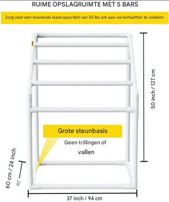 Handdoekkenrek - Badkamer - Vrijstaand - Zonder boren - 5 Rails - 8 Klemmen - 1 Haak - 25KG Capaciteit