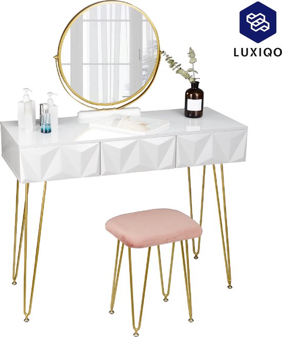 Luxiqo® Kaptafel - Make-Up Tafel - Kaptafel Set met Spiegel - 360° Draaibare Make-Up Spiegel - 3 Lades - Fluwelen Kruk - Wit/Grijs