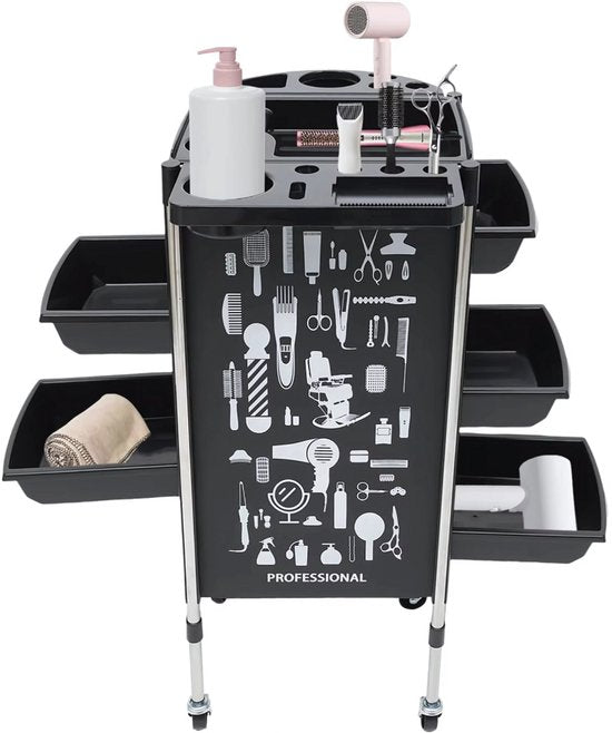 Kappers trolley Lucia - Met wielen - Zwart - Voor salons, spa’s en stylisten - Werkwagen