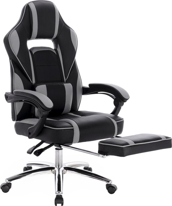 Happyment Gamestoel Tokio - leer - Met rugleuning en armleuning - In hoogte verstelbaar - Ergonomisch - Grijs