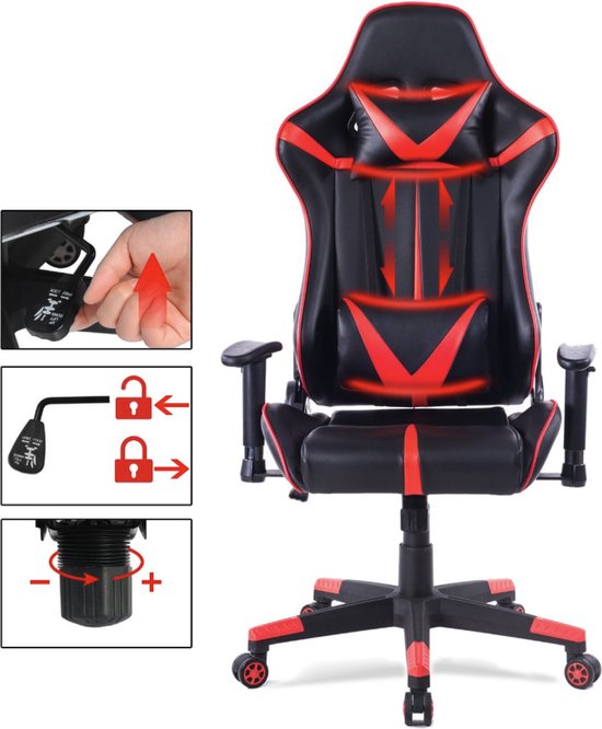 Happyment Gamestoel Derby - Kunstleer - Met rugleuning en armleuning - In hoogte verstelbaar - Ergonomisch - Rood/zwart