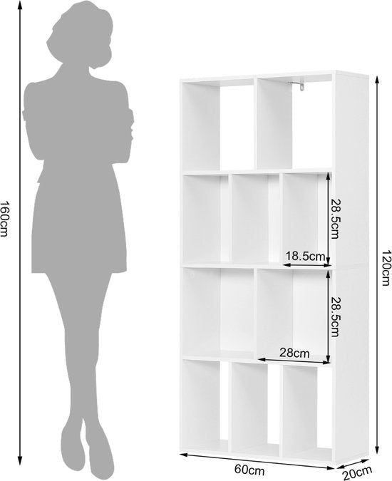 Happyment Open Boekenkast Dada - 10 Vakken - Wit - Boekenkast - Boekenrek - Woonkamer, slaapkamer en kinderkamer - Hout - 60x20x120cm