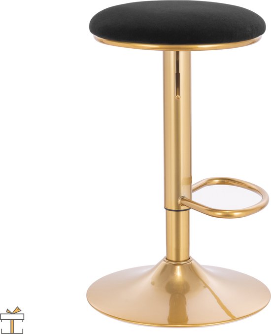 Happyment Luxe Barkruk - Zwart/goud Velvet - Barkrukken zonder rugleuning - Verstelbaar - 38x(61-82)cm