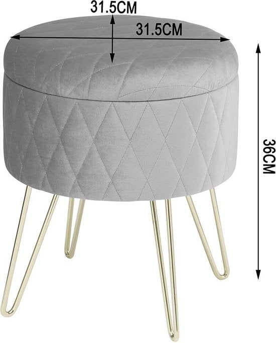 Bolt Edge Poef - Lichtgrijs - Velvet - Met opbergruimte - 31.5x31.5x36cm