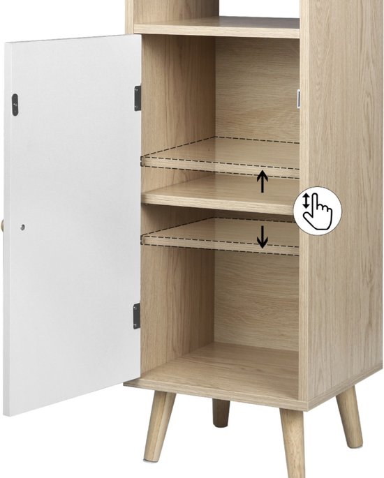 Happyment Boekenkast Zika - 4 Lagen - Inclusief deur - Wit/Oak - 33x30x133cm - Boekenplank - Woonkamer, slaapkamer en kinderkamer - Hout