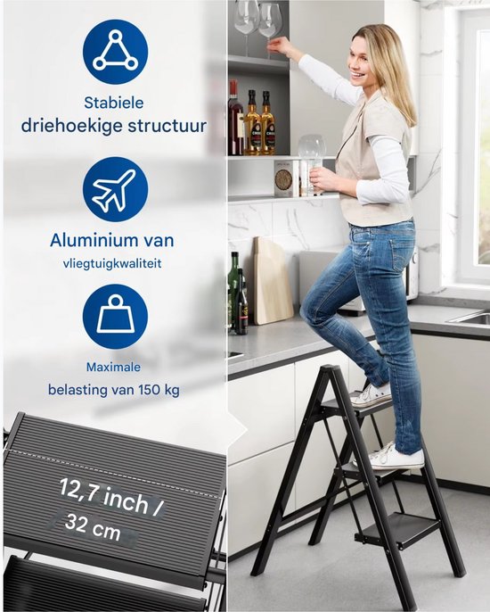 Aluminium Trapladder - 3-treden - Keukentrap - Huishoudtrap - Voor Huishoudelijk Gebruik - Veilig & Lichtgewicht Opstapje - Met Brede Stappen & Vouwbaar Design