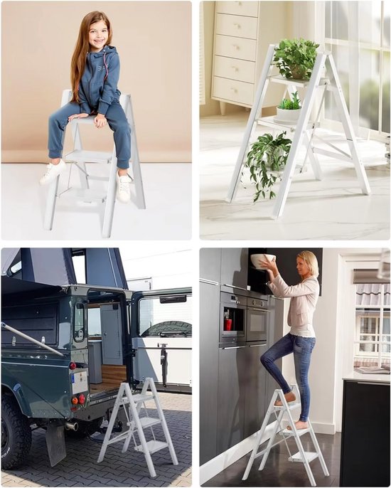 Trapladder - Keukentrap - Huishoudtrap - 3-treden - Voor Thuisgebruik en Klussen - Opvouwbaar, Aluminium met Antislipvoeten - Lichtgewicht, Draagbaar, Max. 150 kg