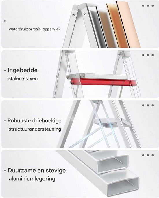 Trapladder - Keukentrap - Huishoudtrap - 4-treden - Voor Thuisgebruik en Klussen - Opvouwbaar, Aluminium met Antislipvoeten - Lichtgewicht en Draagbaar, Max. 150 kg