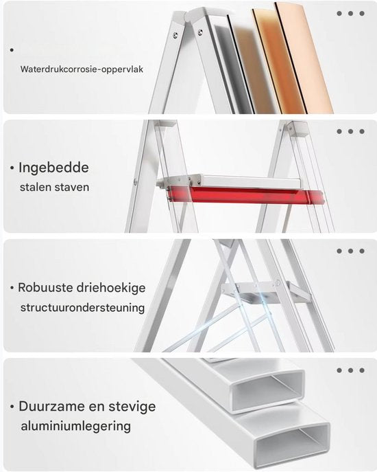 Huishoudtrap - Keukentrap - 4 treden - Ladder Aluminium - Opstapkruk met anitslip - Lichtgewicht - 150KG Belastbaar - Zilver