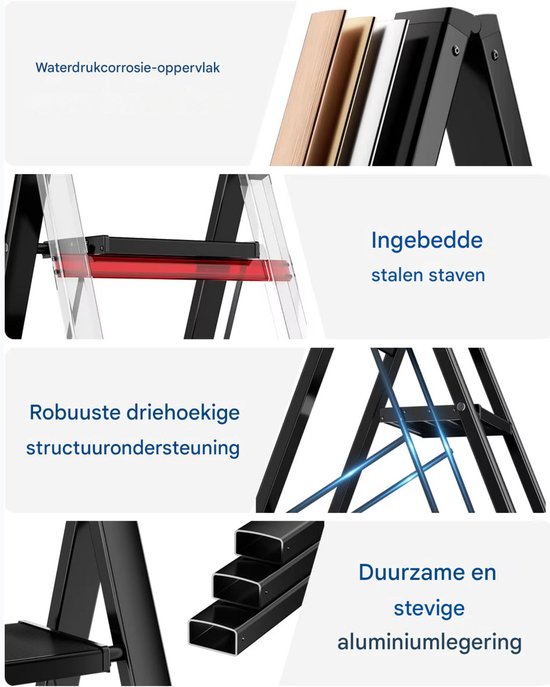 Huishoudtrap - Keukentrap - 3 treden - Ladder Aluminium - Opstapkruk met anitslip - Lichtgewicht - 150KG Belastbaar - Zwart