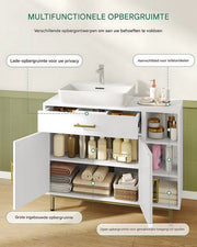 Wastafelkast - Voor Badkameropslag - Kast met 1 Lade, 2 Deuren en Open Compartiment met 3 Niveaus - Verstelbare Plank in Wit