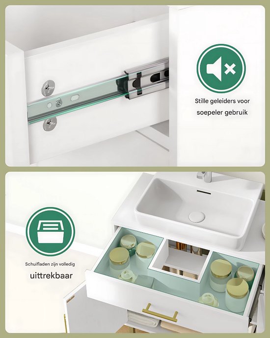 Wastafelkast - Voor Badkameropslag - Kast met 1 Lade, 2 Deuren en Open Compartiment met 3 Niveaus - Verstelbare Plank in Wit