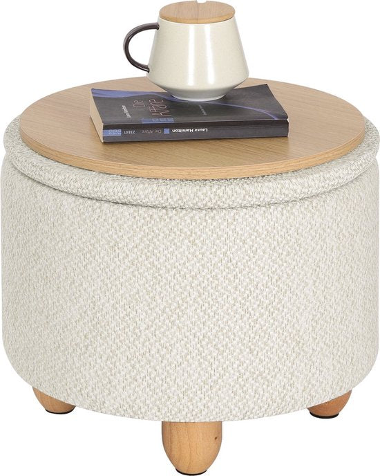 Ronde Poef - Creme - Stof - Met opbergruimte - 39x39x33cm