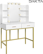 Bolt Edge Make-up Tafel - Wit/Goud - Inclusief spiegel met verlichting - 2 lades
