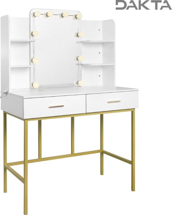 Bolt Edge Make-up Tafel - Wit/Goud - Inclusief spiegel met verlichting - 2 lades