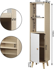 Happyment Boekenkast Zika - 4 Lagen - Inclusief deur - Wit/Oak - 33x30x133cm - Boekenplank - Woonkamer, slaapkamer en kinderkamer - Hout