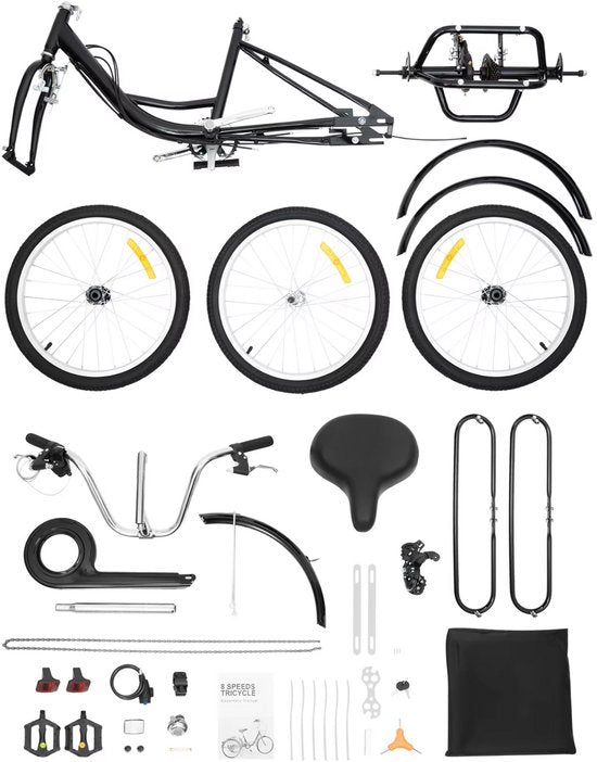 Driewieler Lissabon - 8 versnellingen - Fiets voor volwassenen en senioren - 20 Inch - Opvouwbare Trike - Met mand - Voorrem - Zwart