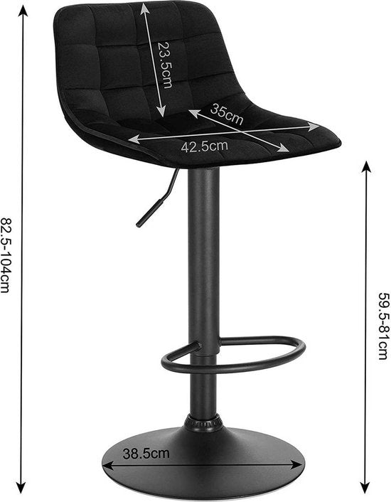 Velvet Barkrukken Geral - In hoogte verstelbaar - Met rugleuning - Set van 2 - Zwart - Barstoelen ergonomisch - Keuken en bar - Zithoogte 59-81cm