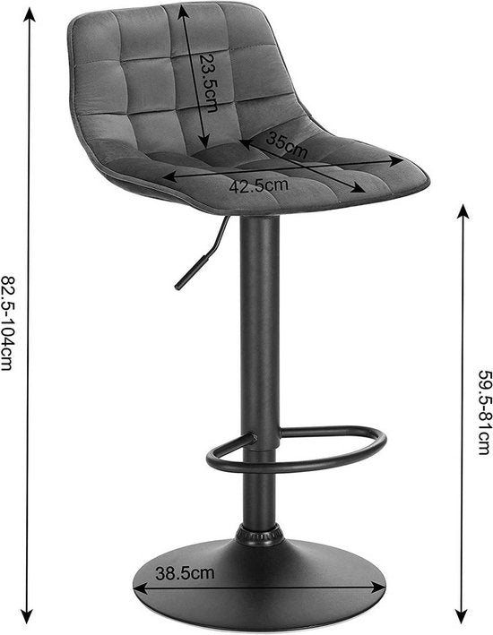 Velvet Barkrukken Mida - In hoogte verstelbaar - Met rugleuning - Set van 2 - Donkergrijs - Barstoelen ergonomisch - Keuken en bar - Zithoogte 59-81cm