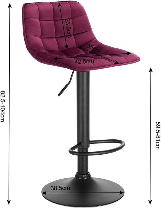 Velvet Barkrukken Dera - In hoogte verstelbaar - Met rugleuning - Set van 2 - Bordeaux - Barstoelen ergonomisch - Keuken en bar - Zithoogte 59-81cm