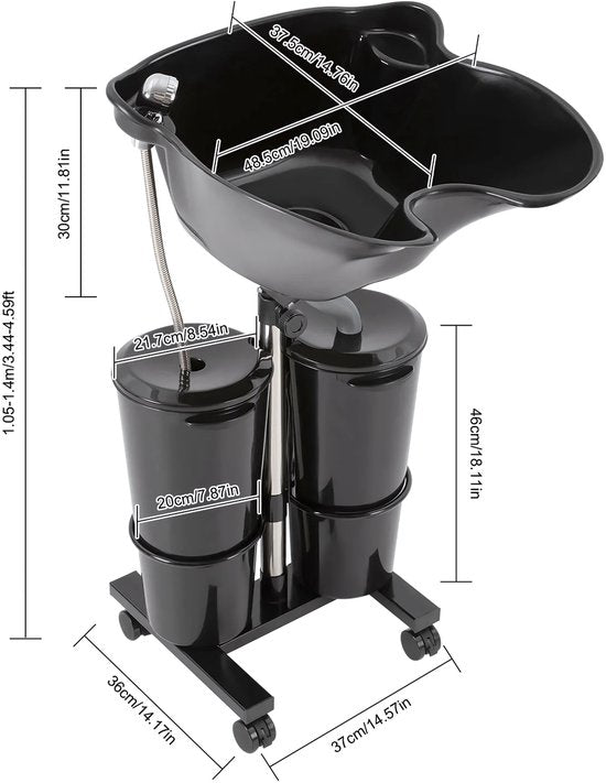Mobiele wasbak - Haarwasbak - Wastafel - Kapper - Mobiele thuiskapper - In Hoogte Verstelbaar - Diepe Wasbak voor Thuis, Kapper & Schoonheidssalon/Spa - Zwart