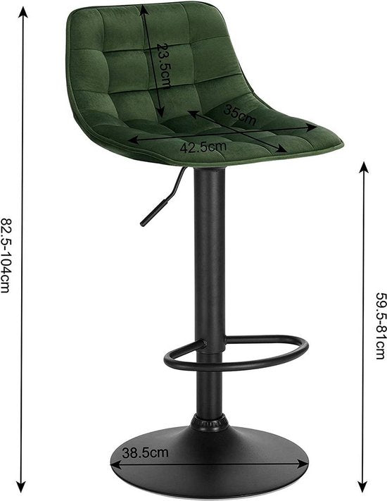 Velvet Barkrukken Lozi - In hoogte verstelbaar - Met rugleuning - Set van 2 - Donkergroen - Barstoelen ergonomisch - Keuken en bar - Zithoogte 59-81cm