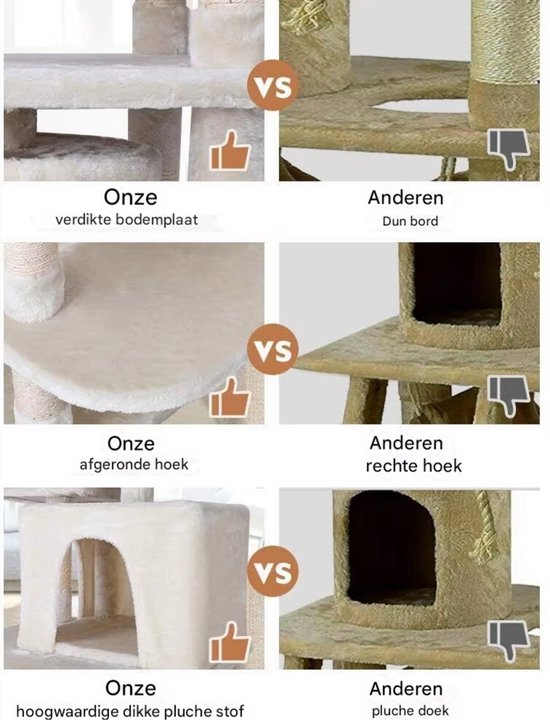 Kattentoren - Krabpaal - Grote Kattenboom met Stabiele Klimboom en Speelhuishangmat - Kattenkrabpaal 170 cm met Plank - Beige