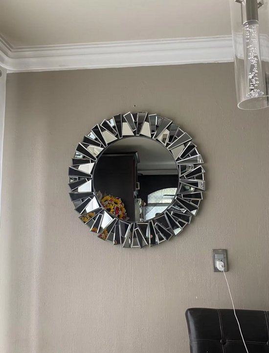 Wandspiegel - Voor Badkamer of Woonkamer - Unieke Sunburst Decoratieve Spiegel - 80 cm Zilver Afgeschuind Glas Accent Spiegel