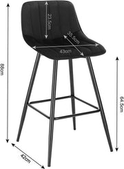 Barkruk Merlito - Industrial - Zwart - Barkrukken set van 2 - Barstoel Kruk - Barstoelen met rugleuning - Keukenstoel - Velvet