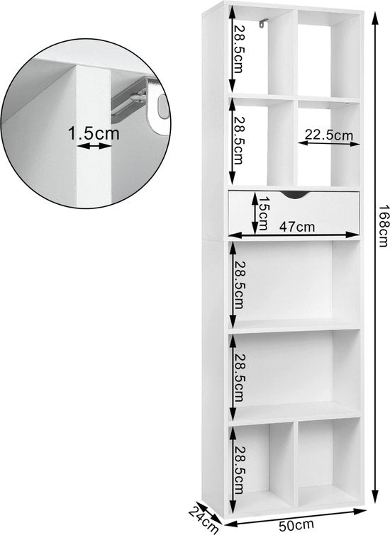 Happyment Open Boekenkast Gerry - 9 Vakken - 1 Lade - Wit - Boekenkast - Boekenrek - Woonkamer, slaapkamer en kinderkamer - Hout - 50 x 24 x 168cm