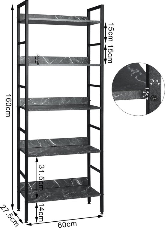 Happyment Boekenkast Oda - Industrieel - 5 Lagen - Bruin/Grijs - Hout Look - Boekenrek - Woonkamer, slaapkamer en kinderkamer - Hout/Metaal - 60 x 27.5 x 160 cm