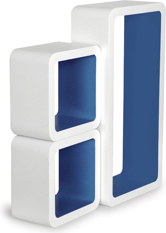 Happyment Wandplank Cube zwevend - Donker blauw/wit - Voor tegen muur - Set van 3 - Wandplanken - Wandrek - Fotoplank kinderkamer - Boekenplank - Hout MDF