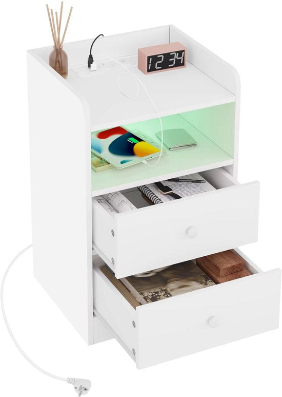 Nachtkast met RGB lichten - Wit - Slaapkamer - Met ingebouwde usb oplaadpoorten - Set van 2