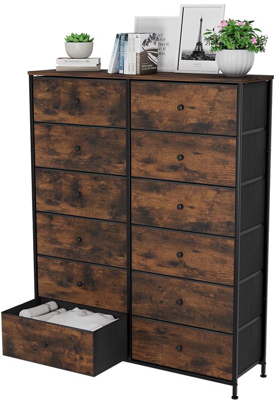 Dressoir kast - Industrieel - voor Woonkamer of slaapkamer met 12 Lades - Stof en stalen frame - Ladekast - Opbergkast