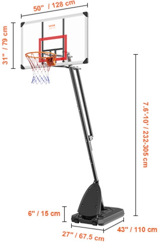 Basketbalpaal PRO - Verstelbare basketbalring - 2.3 tot 3 meter hoog - Voor buiten