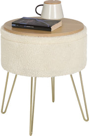 Luxe Poef Feri - Met opbergruimte - Rond - Voetenbank met opbergruimte - Opbergbox hocker - Zitkist met deskel - Beige - Teddy - 39x39x44 cm