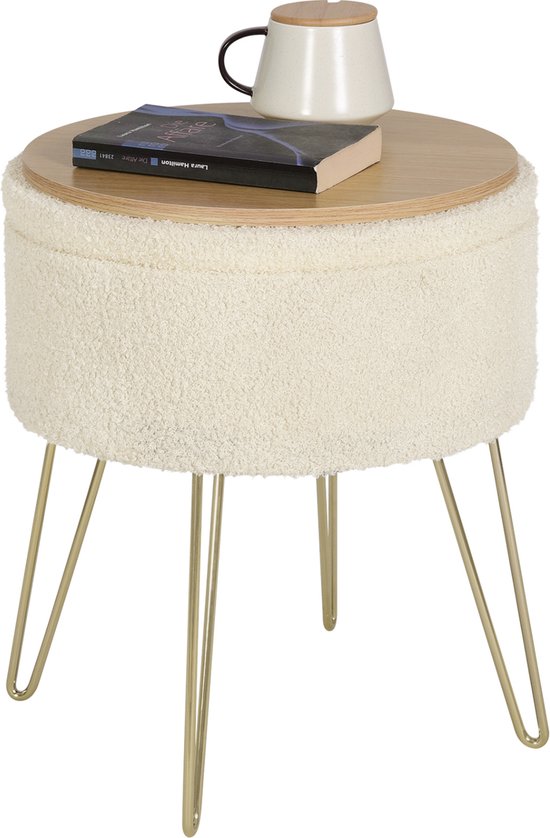 Luxe Poef Feri - Met opbergruimte - Rond - Voetenbank met opbergruimte - Opbergbox hocker - Zitkist met deskel - Beige - Teddy - 39x39x44 cm