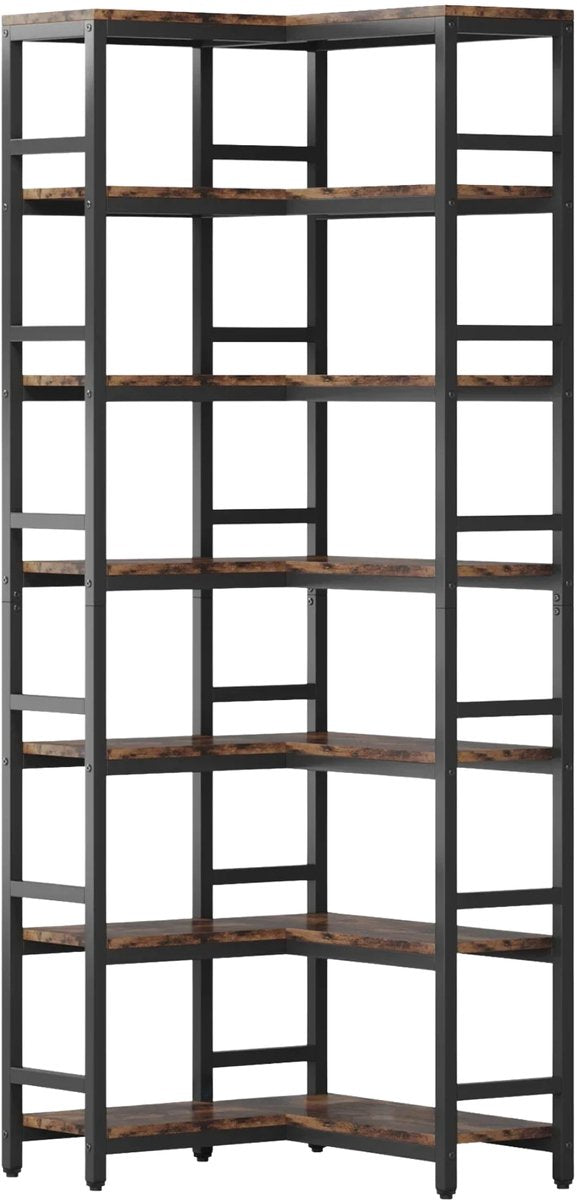 Hoekkast Dublin - Hoge vakkenkast 200cm - Boekenrek Hoekmeubel - Opbergrek 7 planken - Bruin
