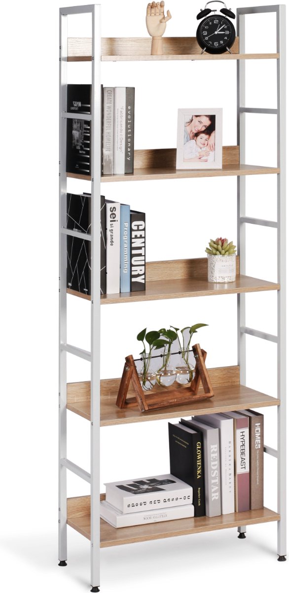Happyment Boekenkast met 5 planken - Voor kantoor - woonkamer - slaapkamer - 60 x 27.5 x 126 - industrieel ontwerp - vintage Wit/Oak