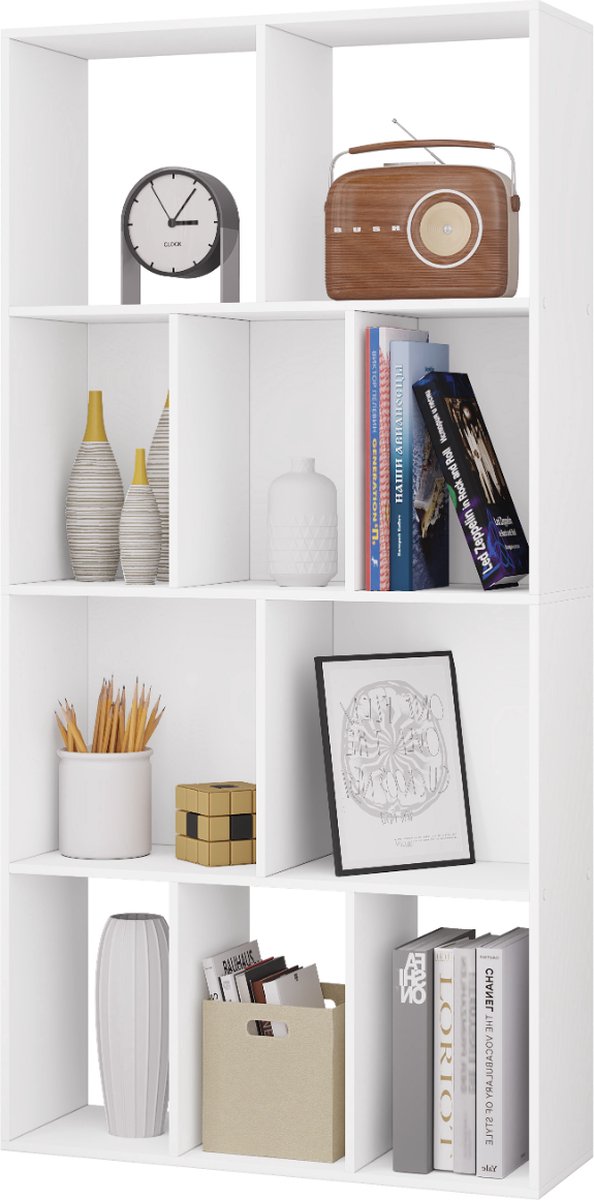 Happyment Open Boekenkast Dada - 10 Vakken - Wit - Boekenkast - Boekenrek - Woonkamer, slaapkamer en kinderkamer - Hout - 60x20x120cm