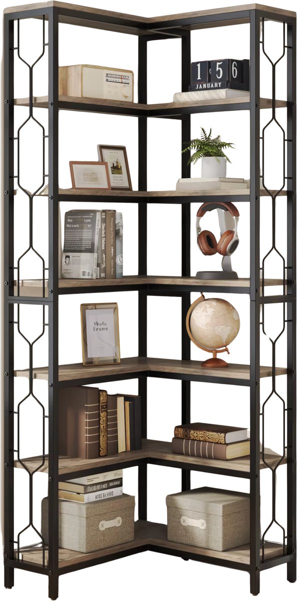 Hoek boekenkast met 7 Lagen - Hoekkast - Grijs - Hoekrek - Voor Woonkamer, Slaapkamer of Kantoor