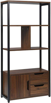 Happyment Boekenkast industrieel - 4 Lagen - Donkerbruin - 1 Deur en 2 Lades - Boekenrek - Woonkamer, slaapkamer en kinderkamer - Hout/Metaal - 58 x 24 x 120 cm