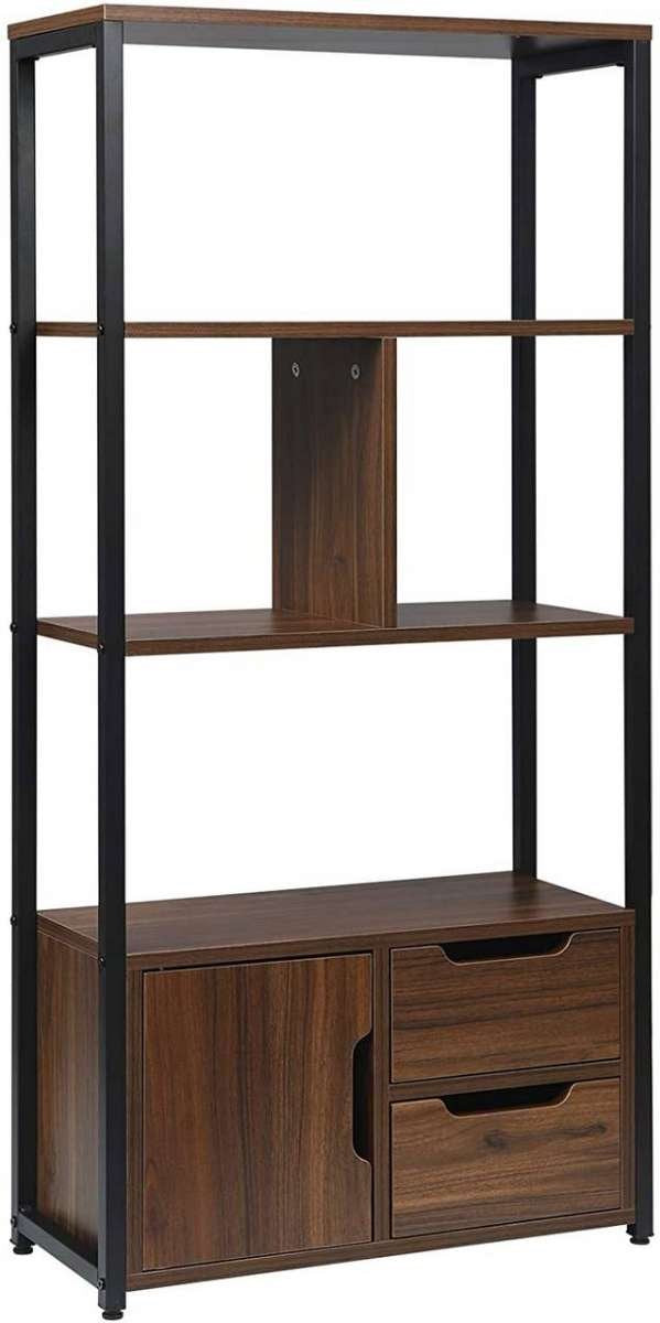 Happyment Boekenkast industrieel - 4 Lagen - Donkerbruin - 1 Deur en 2 Lades - Boekenrek - Woonkamer, slaapkamer en kinderkamer - Hout/Metaal - 58 x 24 x 120 cm