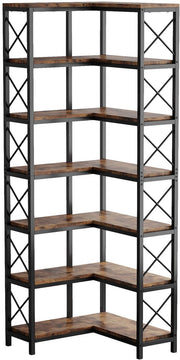 Hoekkast Zakapone - Hoge vakkenkast 200cm - Boekenrek Hoekmeubel - Opbergrek 7 planken - Bruin