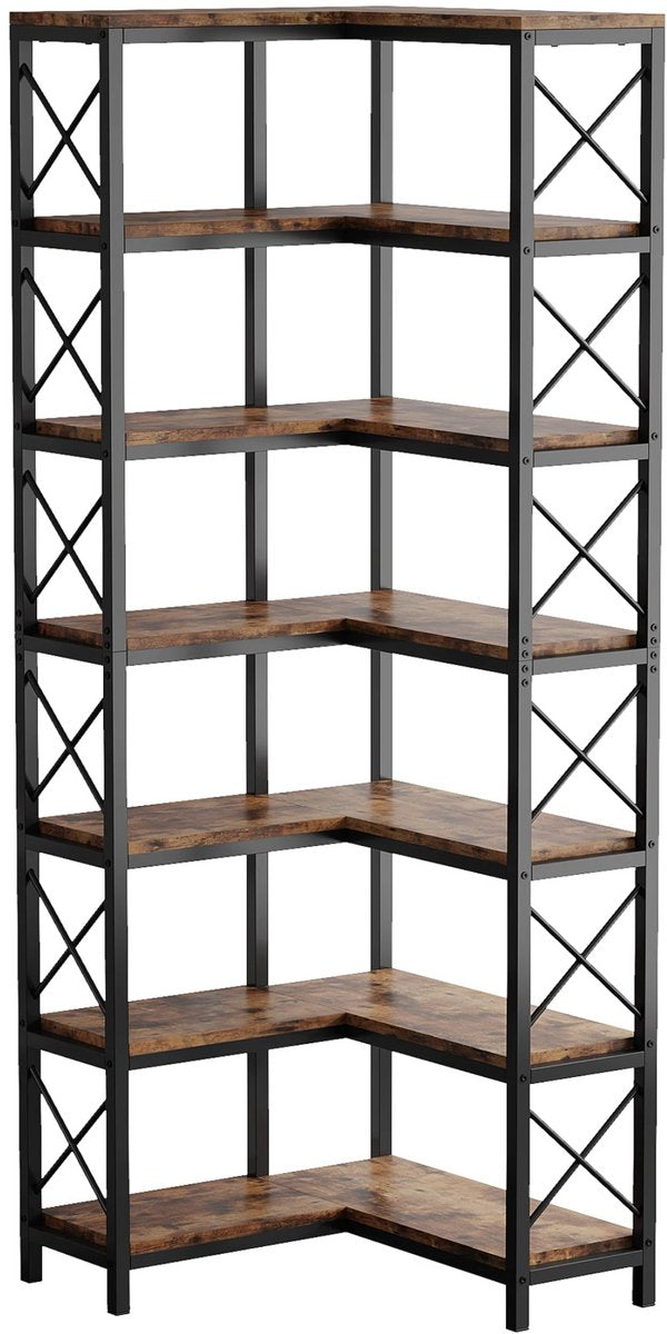 Hoekkast Zakapone - Hoge vakkenkast 200cm - Boekenrek Hoekmeubel - Opbergrek 7 planken - Bruin