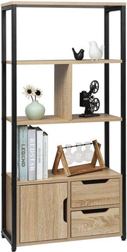 Bolt Edge Boekenkast - Industrieel - 4 Lagen - Oak - Met Deur en Lades - Hout/Metaal