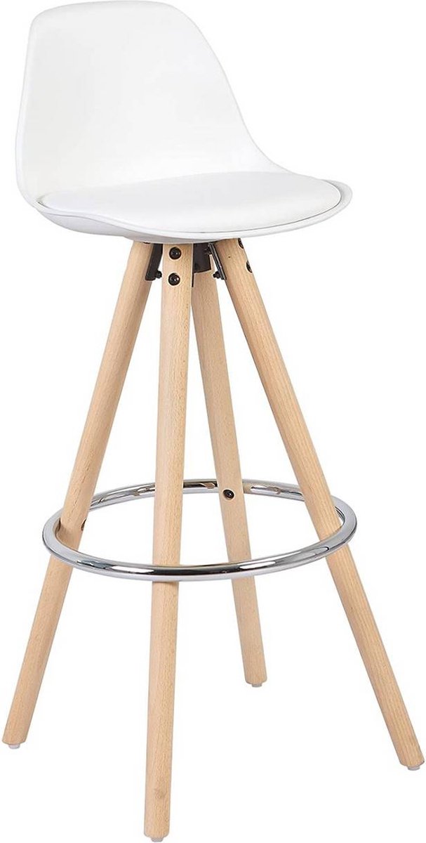 Hoge Barkruk Silli - Zithoogte 75cm - Wit - Set van 1 - Keuken - Barstoelen - Met rugleuning - Kunstleer - Bruin frame