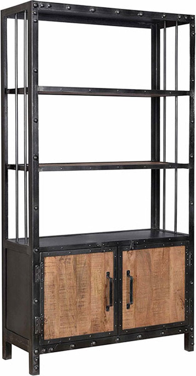 Happymeny Wandkast deluxe - Woonkamer - Opbergkast - Boekenkast - 2 deuren en 4 dragers - 180x100x35cm - Massief mangohout - Vintage Bruin/Zwart