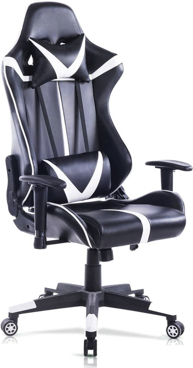 Happyment Gamestoel Liverpool - Kunstleer - Met rugleuning en armleuning - In hoogte verstelbaar - Ergonomisch - Wit/zwart