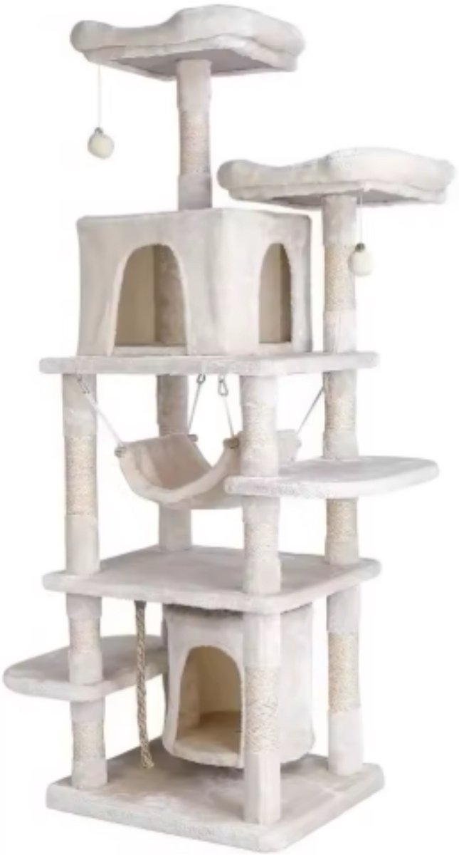 Kattentoren - Krabpaal - Grote Kattenboom met Stabiele Klimboom en Speelhuishangmat - Kattenkrabpaal 170 cm met Plank - Beige